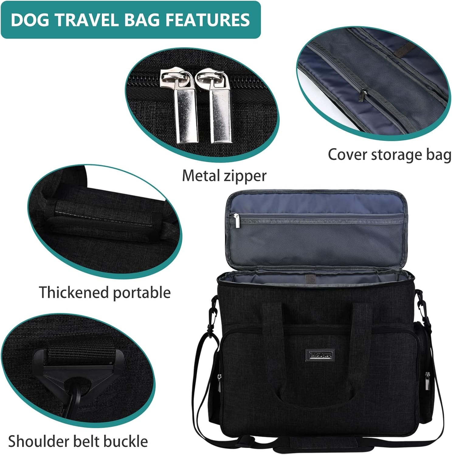 Dog Travel Bag, Airline Approved Pet Tote Organizer with Multi-Function Pockets, 2 X Food Storage Containers and 2 X Collapsible Bowls, Perfect Weekend Pet Travel Set for Dog, Cat Black