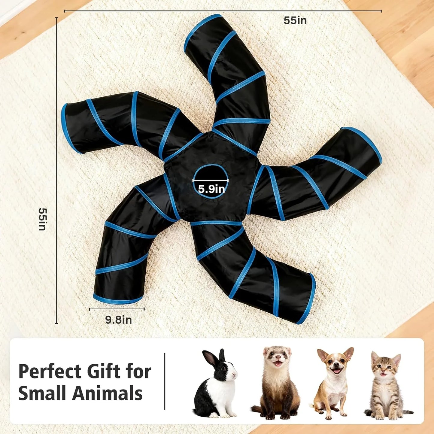 Cat Tunnels for Indoor Cats, Pet Tube Toy with Bell Ball and Toy Mouse, S-Shape Collapsible Tunnel with Interactive Hole for Kitty, Kitten, Rabbit, Puppy (Blue&Black)