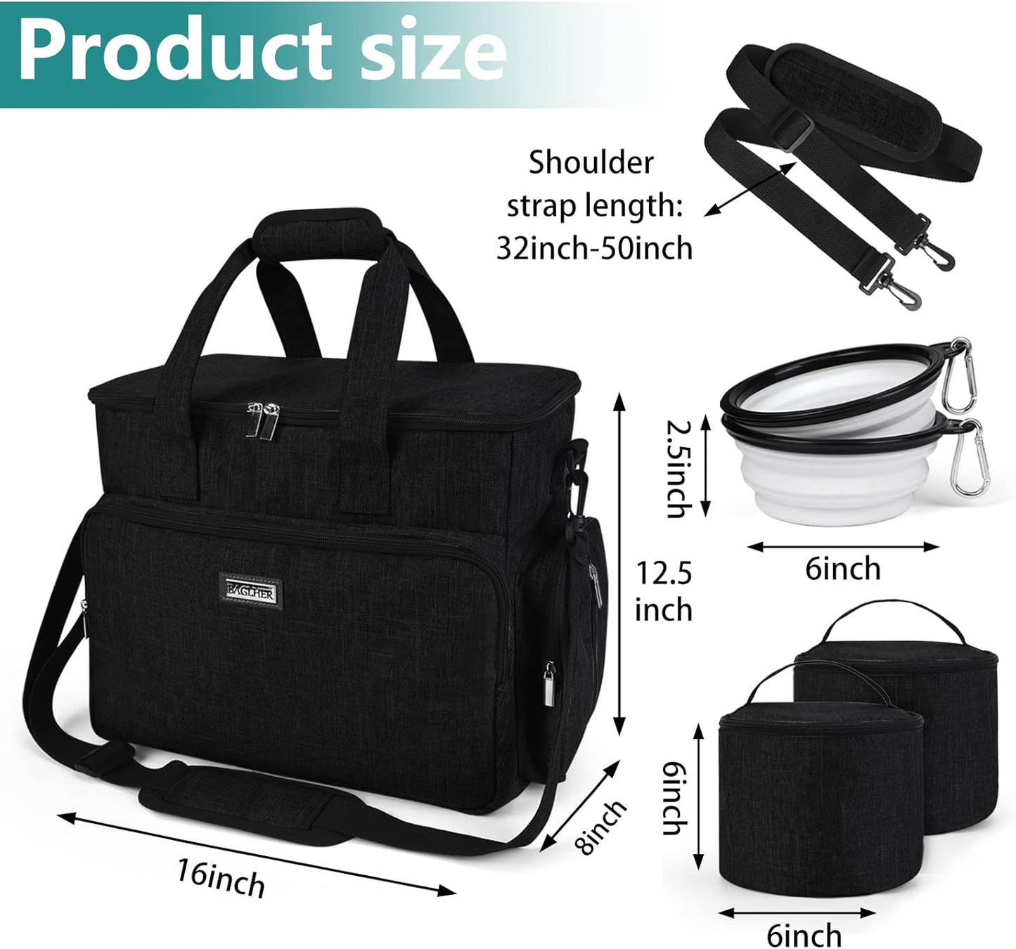 Dog Travel Bag, Airline Approved Pet Tote Organizer with Multi-Function Pockets, 2 X Food Storage Containers and 2 X Collapsible Bowls, Perfect Weekend Pet Travel Set for Dog, Cat Black