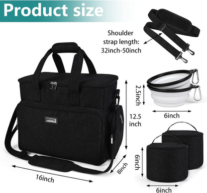 Dog Travel Bag, Airline Approved Pet Tote Organizer with Multi-Function Pockets, 2 X Food Storage Containers and 2 X Collapsible Bowls, Perfect Weekend Pet Travel Set for Dog, Cat Black