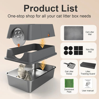 Steel Litter Box with Lid XL Extra Large Litter Box Enclosed Top Entry Metal Litterbox for Big Cats Easy Cleaning Less Leakage & High Sided with Mat Aisle & Scoop