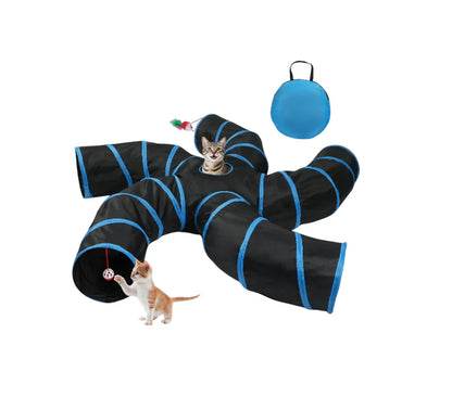 Cat Tunnels for Indoor Cats, Pet Tube Toy with Bell Ball and Toy Mouse, S-Shape Collapsible Tunnel with Interactive Hole for Kitty, Kitten, Rabbit, Puppy (Blue&Black)