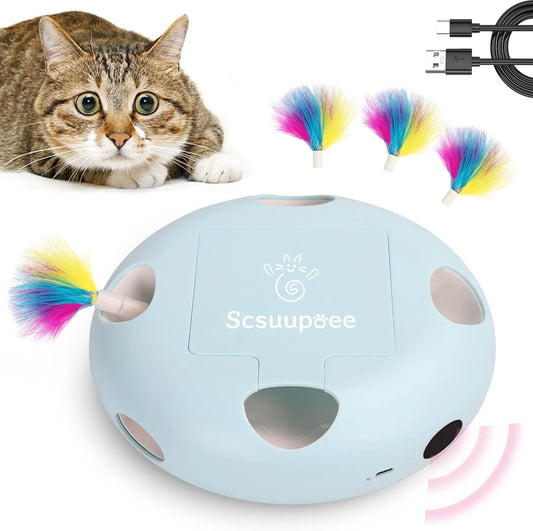 Iinteractive Cat Toy, Electric Cat Toys for Moving Concealed Feathers, Smart Sensor 7 Holes Whack a Mole Feather Toy, USB Charge Automatic Kitten Toys,Blue