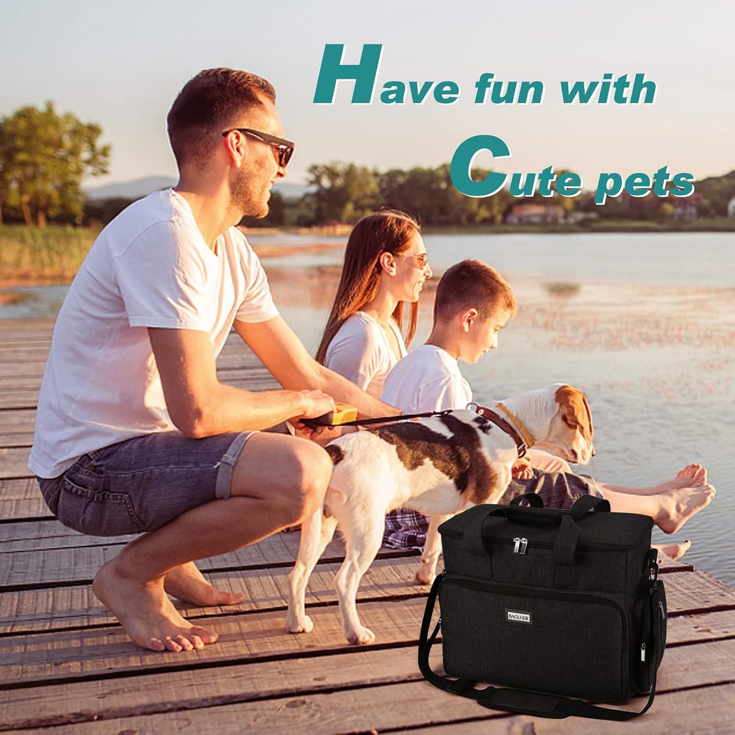 Dog Travel Bag, Airline Approved Pet Tote Organizer with Multi-Function Pockets, 2 X Food Storage Containers and 2 X Collapsible Bowls, Perfect Weekend Pet Travel Set for Dog, Cat Black