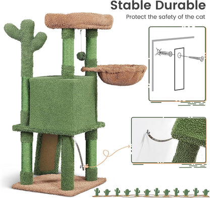 Cactus Cat Tree, 42In Cat Tower for Indoor Cats, Multi Level Kitten Condo Scratching Post, Cat Activity Center Pet Furniture W/Ball, Plush Perch, Platform, Basket