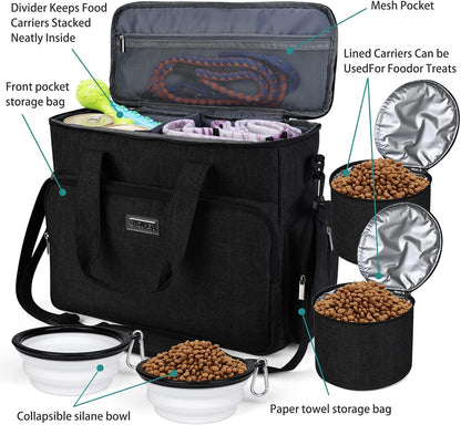 Dog Travel Bag, Airline Approved Pet Tote Organizer with Multi-Function Pockets, 2 X Food Storage Containers and 2 X Collapsible Bowls, Perfect Weekend Pet Travel Set for Dog, Cat Black