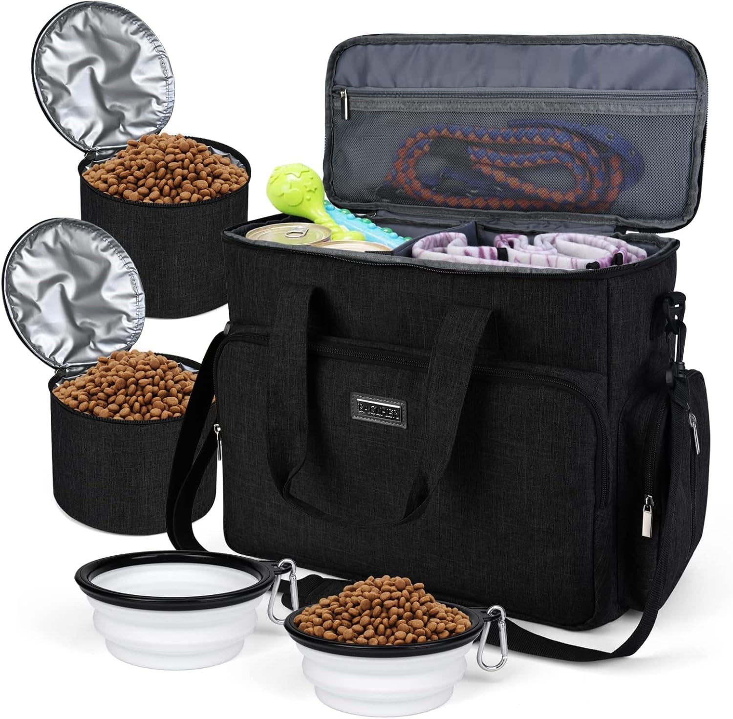Dog Travel Bag, Airline Approved Pet Tote Organizer with Multi-Function Pockets, 2 X Food Storage Containers and 2 X Collapsible Bowls, Perfect Weekend Pet Travel Set for Dog, Cat Black