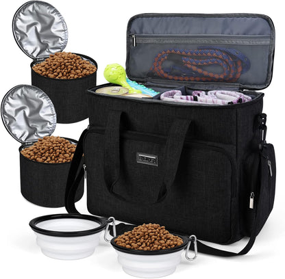 Dog Travel Bag, Airline Approved Pet Tote Organizer with Multi-Function Pockets, 2 X Food Storage Containers and 2 X Collapsible Bowls, Perfect Weekend Pet Travel Set for Dog, Cat Black